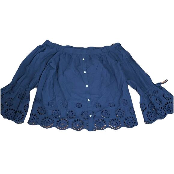 Isabella Sinclair Anthropologie Off-the-Shoulder Cotton Eyelet Top Navy Size L - Picture 3 of 15